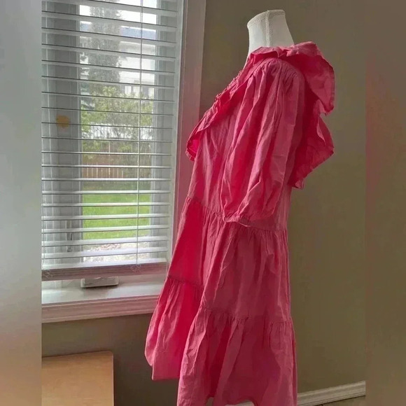 [L]Miss Selfridge Ruffled V  Neck A Shape Mid Sleeve Tiered Cotton Mini Dress - Picture 5 of 10